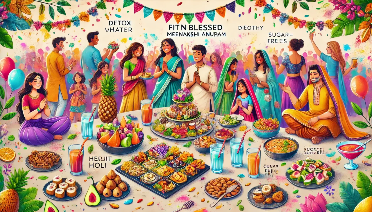 DALL·E 2025 03 08 10.07.03 A colorful and vibrant Holi festival celebration with people enjoying healthy snacks like fruit chaat roasted nuts and sugar free sweets. Include pe