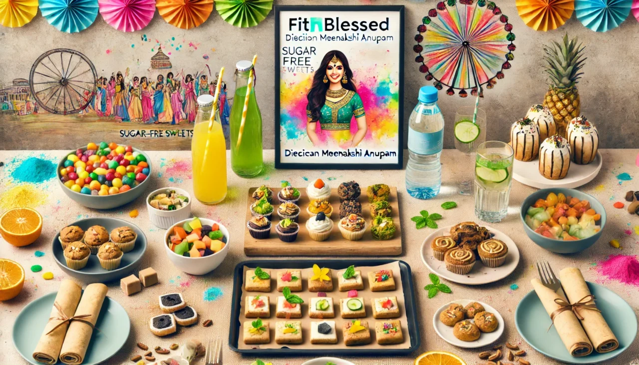 DALL·E 2025 03 08 10.07.45 A festive Holi celebration with a healthy twist showcasing people enjoying sugar free sweets fruit chaat and homemade baked snacks. Include colorfu
