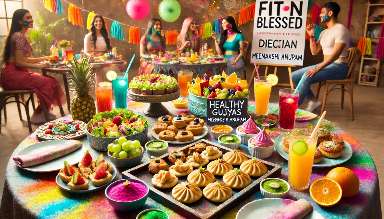 DALL·E 2025 03 08 10.08.15 A festive Holi celebration focused on healthy living showing a table with healthy Holi snacks like baked gujiyas fruit salad low fat dahi bhalla a